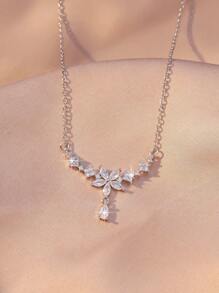 1pc Elegant Copper-Inlaid Zirconia Teardrop & Flower Pendant Necklace, Fashionable & Versatile Choker Necklace, Great Gift For Friends