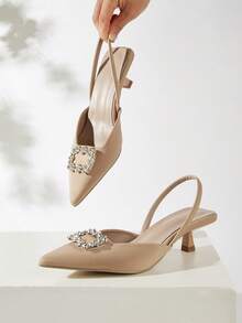 Women's Pointed Toe Slingback Sandals, Breathable Knitted Fabric, Kitten Heel, Comfortable Backstrap Design