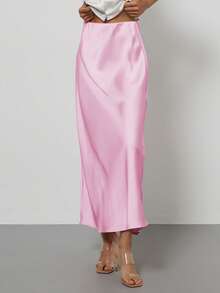 Se-Helo Fashion Women's Elastic Satin Feeling Satin Maxi Skirt - Crabapple Pink - Begonia Powder - View 9