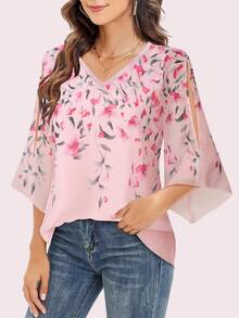 女士荷叶边V领双层网纱宽松飘逸系带七分袖衬衫 - 粉色 - 查看 2