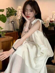 Francés suave perezoso estilo de vacaciones sueltas señoras halter vestido de las mujeres de diseño de verano sentido de la falda de longitud media - Blanco - Ver 3