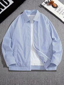 Men's Striped Zip-Up Shirt Jacket, Casual Design Loose Fit Spring Outwear, Korean Style For Commuting And Outdoor Wear, Fall - Blue - View 1