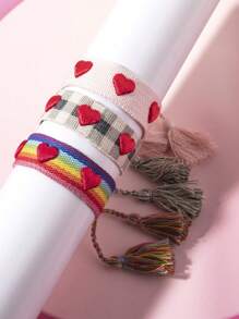 1 pezzo Braccialetto regolabile intrecciato con ricamo a cuore e nappine, adatto come regalo di compleanno, festività, inizio scuola per adolescenti