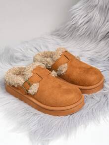 Botas de nieve gruesas y cálidas para mujer en otoño/invierno, Pantuflas cómodas y de moda casual con puntera cerrada/hebilla para mujer, Pantuflas cálidas para interiores