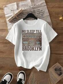 大码“Don't Sleep Until Brooklyn”复古朋克摇滚图案T恤，女士休闲舒适圆领T恤，秋季大码服装