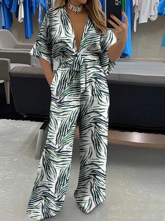 Women's Tropical Print Deep V-Neck Half Sleeve Long Jumpsuit With Knot Detail And Pockets, Wide Leg Woven Fabric Non-Stretch One Piece