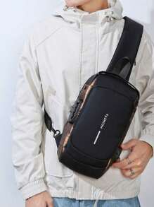 Bolsa Transversal Minimalista e Casual com Estampa de Letra, Estilo de Rua com Desenho de Motocicleta, Bolsa de Ombro Versátil para Homens