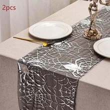 2pcs/Set Halloween Large Silver Spider Web Size 11*108 In Thin Spider Net Holiday Decor Table Lace, Black, Suitable For Halloween Party Home Decoration - Multicolor - View 9