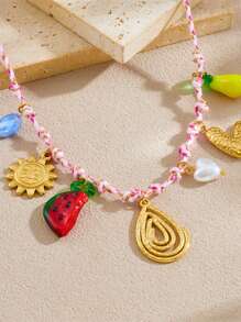 1 Creative, Personalized, Multi Colored Braided Rope Chain Necklace With Gold-Plated Circle, Geometric Shape, Sun Flower, Conch Pendant, Stainless Steel Collarbone Chain
