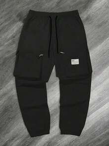 Calça cargo masculina casual com vários bolsos e cordão no tornozelo para atividades ao ar livre - Preto - Ver 3