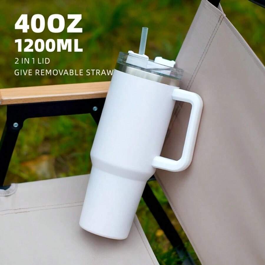 1pc 40-Oz 304 Stainless Steel Double-Wall Vacuum Insulated Sports Water Bottle With Handle And Straw, DIY Design, Suitable For Hot & Cold Drinks, Leakproof Travel Cup, Perfect For Outdoor, Camping, Fitness