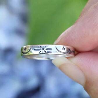 1Pc Carved Star And Moon Ring, Vintage Stainless Steel Moon Phase Ring, Women's Stackable Ring