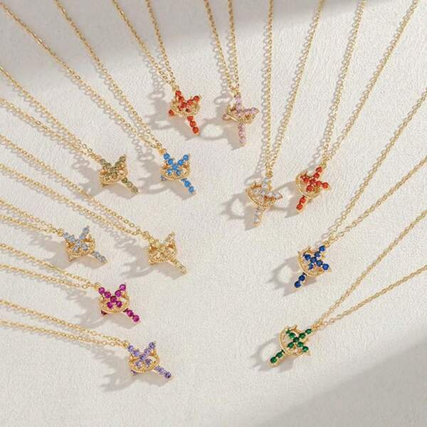 1pc Rhinestone Decorated Rotatable Cross Pendant Necklace, Luxury Choker Necklace