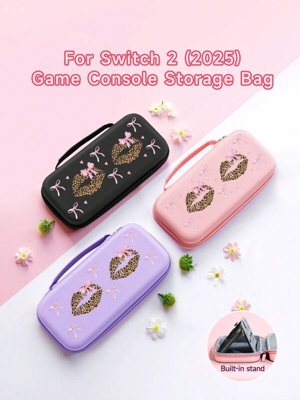 1 Pieza Estuche para transportar la consola Switch2 con estampado de lunares y lazo, Accesorios para Switch2 (2025), Funda protectora para la consola de juegos en negro/rosa/morado/blanco, Elegante y práctica, Con soporte portátil, a prueba de golpes, resistente a arañazos y al agua, regalo romántico