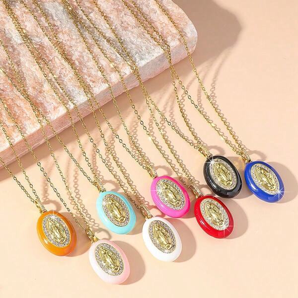 1pc Boho-Chic Oval Pendant Religious Goddess Dripping Glaze Necklace,Multicolors Pendant To Choose,Idea Gifts For Women,Perfect For Formal Occasions,Everyday Wear,And As A Thoughtful Present
