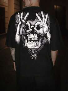 Plus Size Men's Summer Casual Short Sleeve T-Shirt, Vintage Dark Skull Style, Round Neck, Polyester Fabric, Suitable For Sports & Fitness