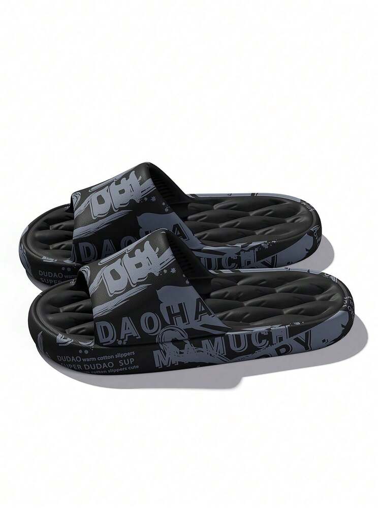 男士印花一脚蹬拖鞋，趣味室内/室外柔软 EVA 鞋底沙滩凉鞋，无味，男女通用，适合夏季 - 黑色 - 查看 6