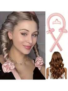 5 件套无热卷发套装，卷发棒头带，带发圈发夹，弹性发圈，柔软 DIY 波浪卷发造型工具，适合中长发卷发，返校、旅行度假必备品，女士发饰