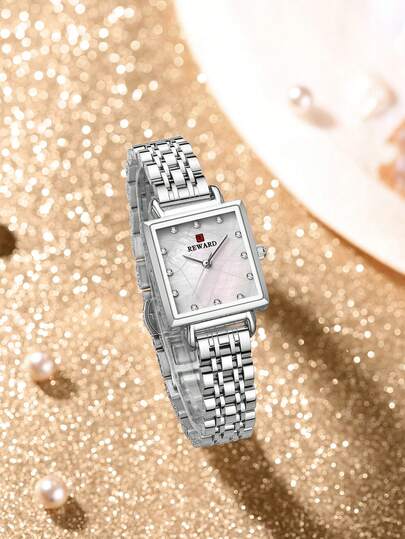 REWARD Montre à quartz pour femme, montre de luxe à la mode pour femme, bracelet en acier inoxydable étanche avec boîte, élégante et polyvalente pour le travail et les tenues décontractées, rétro rectangulaire