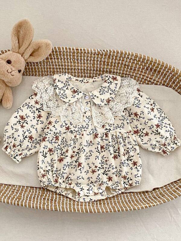 INS Autumn New Baby Romper, 0-2 Years Old Baby Girl Brushed Floral Double Collar Long Sleeve Bodysuit, Loose Triangle Romper Bodysuit