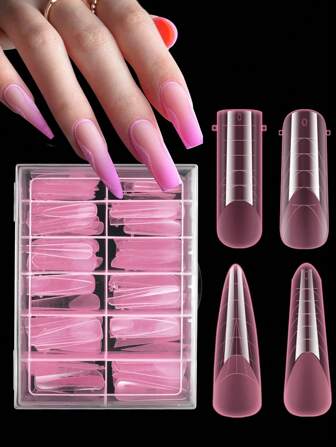 96PCS Pink Matte Dual Nail Forms Kit Full Cover Nail Mold Tips Acrylic Nail Extension Tools 4 Styles 12 Sizes Scale For Poly Nail Gel Salon Nails Design