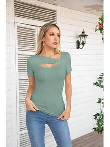 Womens Fashion Fall Cutout Long Sleeve Ribbed Slim Fitted Tops Shirts Tee Tshirts - Short-moss Green - View 3