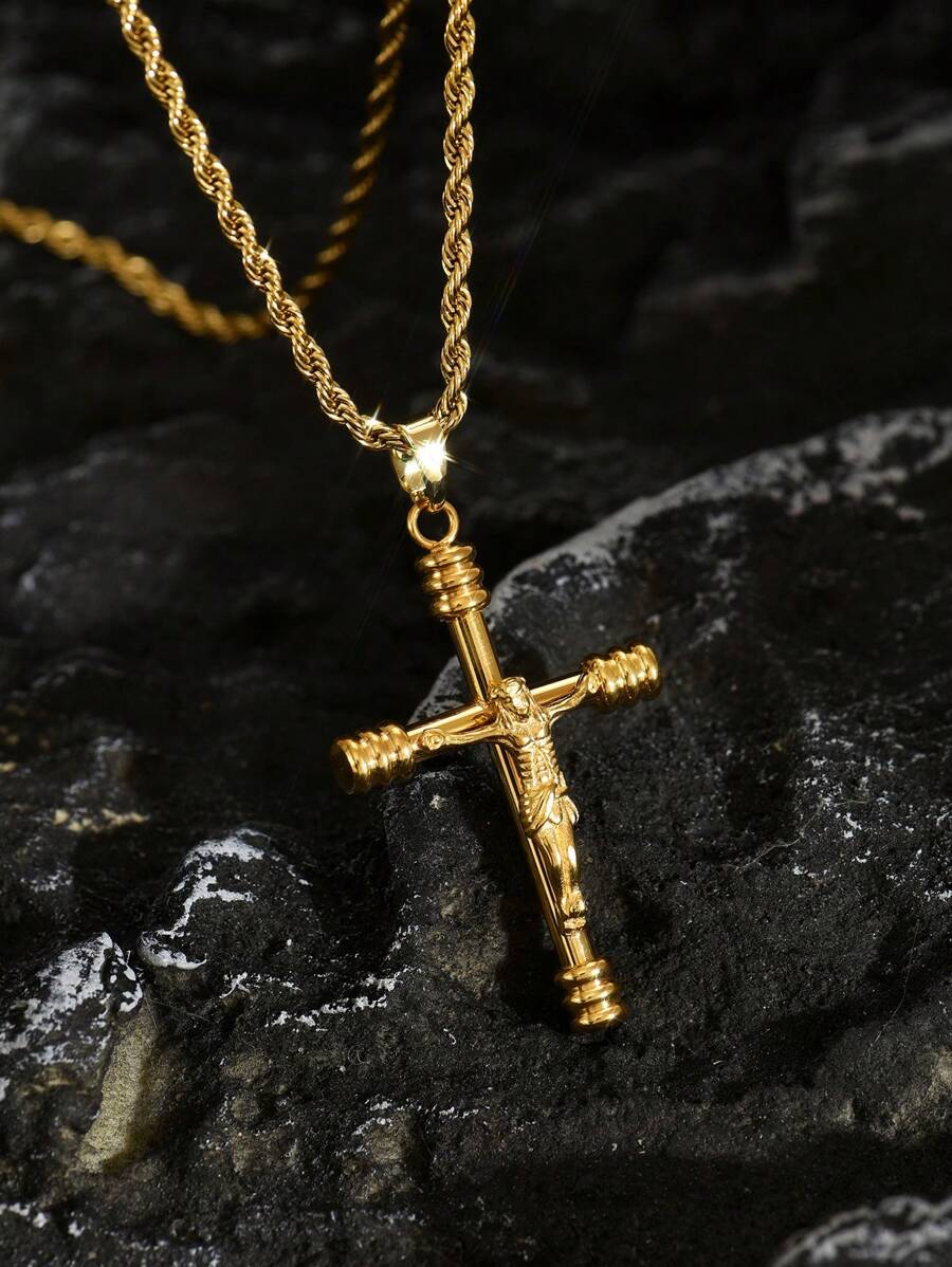 1 件男士 18K 镀金复古欧美风格项链，配有精致的耶稣十字架吊坠，适合日常佩戴和宗教聚会，复古宗教风格 - 金色 - 查看 1