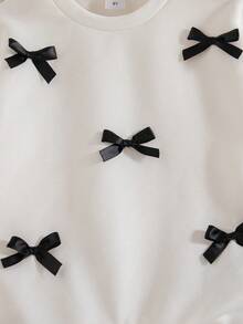 Conjunto de 2 peças de moletom com capuz e calça de lã com decoração casual de laço, gola redonda, ombro caído, manga comprida, para meninas, adequado para outono e inverno