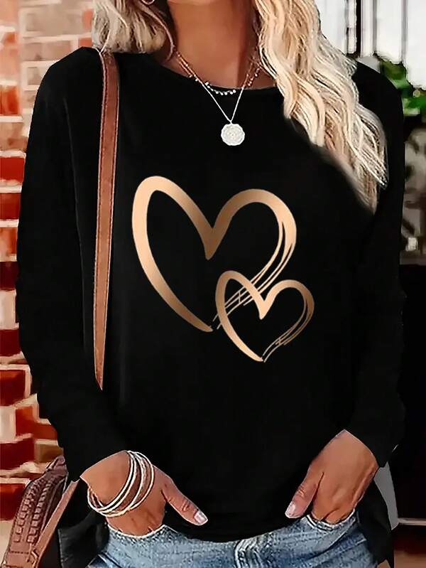 Camiseta de manga larga de cuello redondo casual para mujer, con estampado de corazón con efecto de estampado en caliente imitación de oro, adecuada para uso diario en otoño, camisetas gráficas para mujer