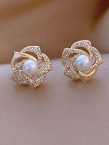 人造珍珠和水钻花朵装饰耳钉 情人节、妈妈、母亲节、礼物