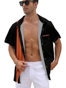 Vintage 1950s Casual Short Sleeve Button Up Contrast Summer Color Block Cuban Bowling Shirts Men - 黑色和焦橙色 - 查看 5