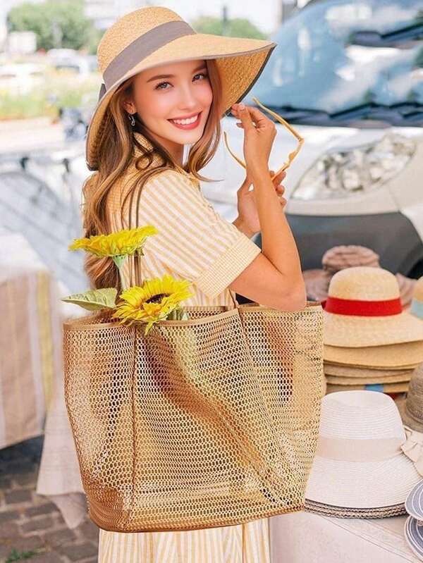 1pc Foldable Beach Bag, Mesh Net Tote Handbag, Women's Shoulder Bag, Essential For Summer Outdoor Travel