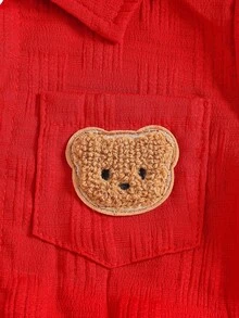 2 件套男婴街头时尚纹理口袋刺绣熊衬衫和短裤套装 - 紅色 - 查看 6