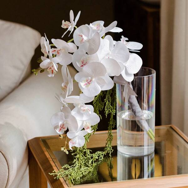 Orquídea Phalaenopsis artificial de toque real con 9 cabezas - Ramo de orquídeas de estilo clásico, ideal para exhibición en jarrones del salón y centros de mesa de bodas de hotel - Decoración floral elegante para el Día de la Madre, temporada de graduación, Año Nuevo chino, Halloween, Acción de Gracias, Navidad, Nochevieja y ocasiones festivas de otoño-invierno
