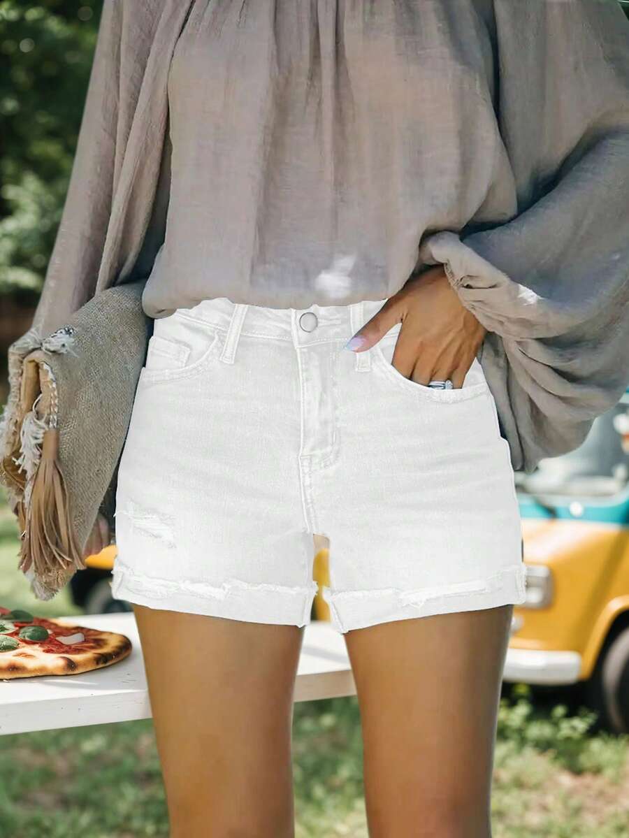 [Stretchy Denim Shorts] Stretchy Denim Shorts, Women's Mid-Rise Ripped Shorts With Frayed Raw Hem | 5 Pockets, Zipper Fly, Soft Blend, Perfect For Summer, Beach, And Casual Outings  Plain    Casual    Pocket  Button  Zipper - 白色 - 查看 1