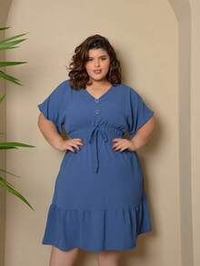 Batwing Dress Plus Size Midi Short Sleeve Duna Fabric Size U/G1 From 44 To 50 With Front Buttons Fashion Elegant Simple Casual Elegant Party Ruffle Hem Buttons On The Front Knot Wedding - 牛仔褲藍色 - 查看 1