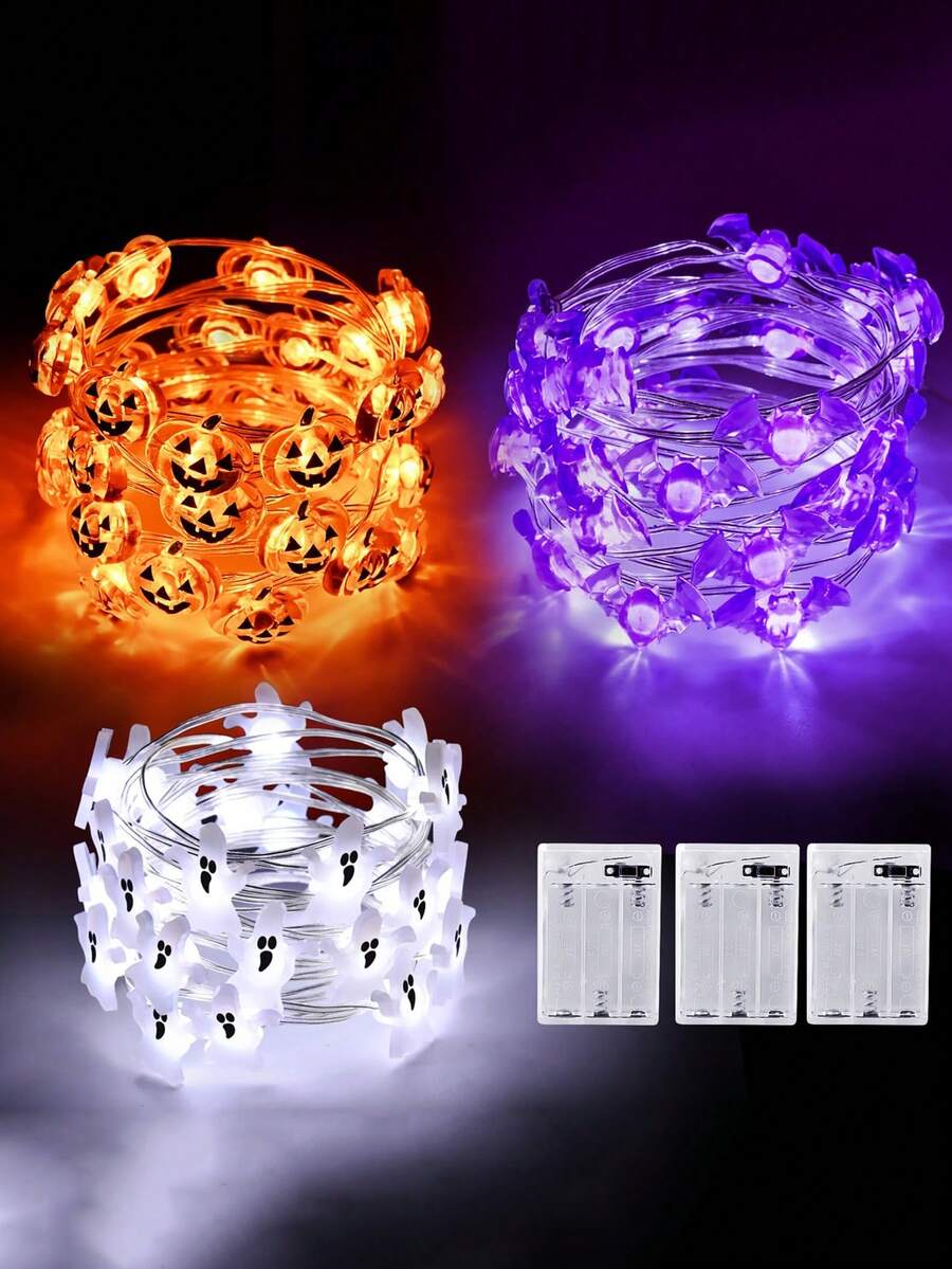 3pcs/1pc-Halloween String Lights 3 Packs, Pumpkin Ghost Bat Lights, Battery Operated, LED, Halloween Decorations For Home Decoration, Indoor And Outdoor Party Festivals, ... - Multicolor - View 1