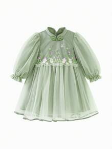 mini bala Girls Mesh Dress 2025 Autumn Chinese-Inspired Sweet Soft Lined