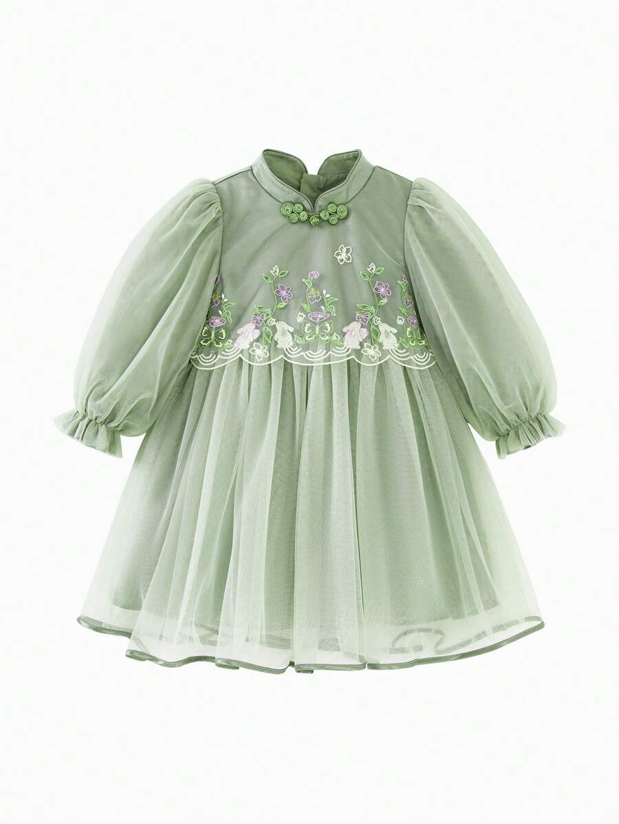 mini bala Girls Mesh Dress 2025 Autumn Chinese-Inspired Sweet Soft Lined