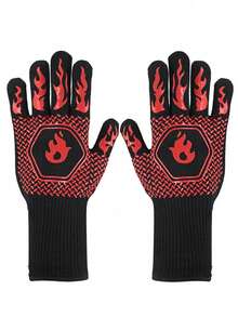 2PCS BBQ Heat Resistant Oven Gloves, BBQ Barbecue Gloves Cut Resistant 1800°F Extremely Heat Resistant Silicone Non-Slip Oven Gloves Microwave Grill High Temperature Resistant Gloves For Kitchen Garden Grilling And Outdoor Cooking Campfire - Red - View 4