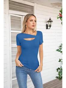 Womens Fashion Fall Cutout Long Sleeve Ribbed Slim Fitted Tops Shirts Tee Tshirts - 短藍 - 查看 3