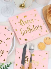 20 件/40 件/60 件/套薄纸，双层加厚铝箔粉色生日快乐图案餐巾，打开尺寸 13 英寸 X 13 英寸，适用于婚礼、茶会、生日派对装饰、派对用品、节日装饰、节日用品 - 粉色 - 查看 4