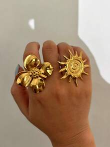 Monlansher New Stainless Steel Open Finger Rings For Women, Exaggerated Metallic Floral, Heart, Moon, Sun Flower & Mixed Elements Fashion Ring, Personalized , Suitable For Daily, Casual, Party, Single Or Stacked Wear - 金色 - 查看 3