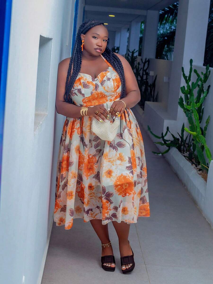 CurvyTilda 大码女式波西米亚风随机印花细肩带连衣裙，适合夏季 - 橘色 - 查看 1