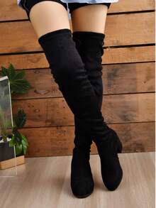 2025 Fall/Winter New Thick Heel Thigh High Boots, Elastic Pointed Toe Tall Boots For Women - Black - View 4