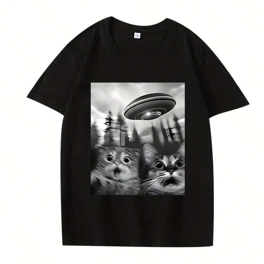 Creative UFO Cat Pattern Print Men 'S T Shirt Women 100% Cotton Manga Short Sleeve Summer Streetwear Print Unisex Tee Camisetas - 黑色19 - 查看 1