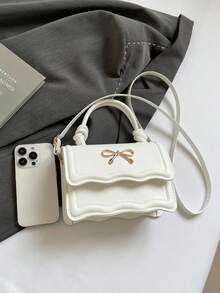 时尚纯色手提包，休闲折痕翻盖小方包，蝴蝶结金属五金锁扣，女士手提单肩斜挎包，春夏新款 - 白色 - 查看 8