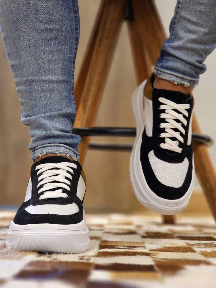 Tênis Sapatenis Masculino Sola Alta Na Moda Sneakers Macio Tricolor Moderno Casual Tênis SreetStyle - Preto e Branco - Visão 4