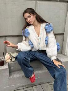 女士优雅花卉提花针织开衫，休闲外套，适合约会和外出，秋冬季白色 - 白色 - 查看 7