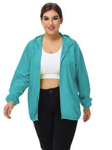 1pc Women Outdoor Lightweight Solid Color Long Sleeve Casual Jackets, Zipper Hooded Plus Size Women Jackets, Water-Resistant Fabric, Sun-Protective Outerwear